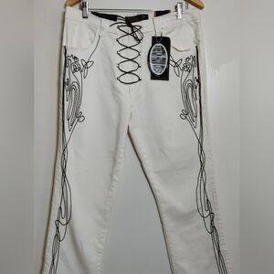 Crest Women's White Jeans with Black Embroidery Western Style